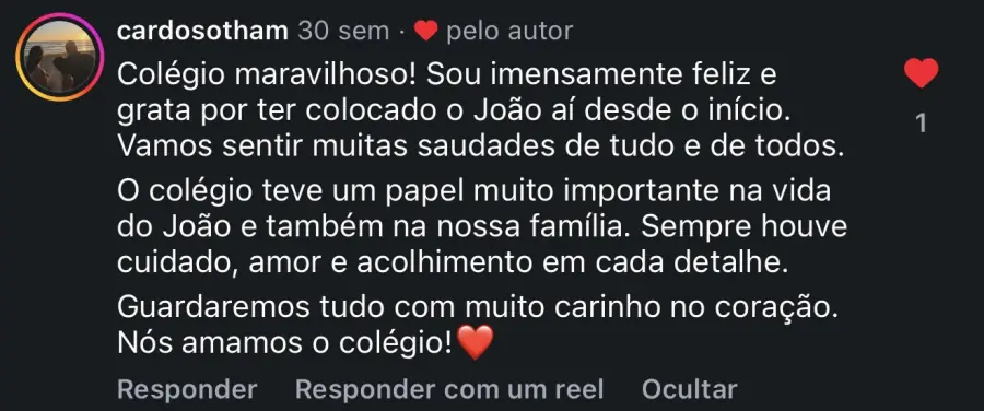 Depoimento de família do Colégio Cordeiro
